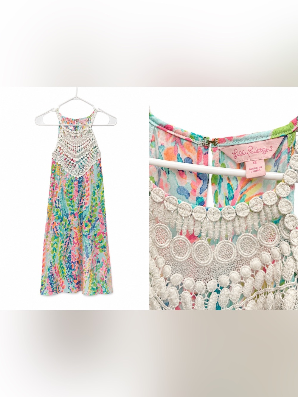 Lilly Pulitzer Floral Halter Dress with Crochet Lace Neckline